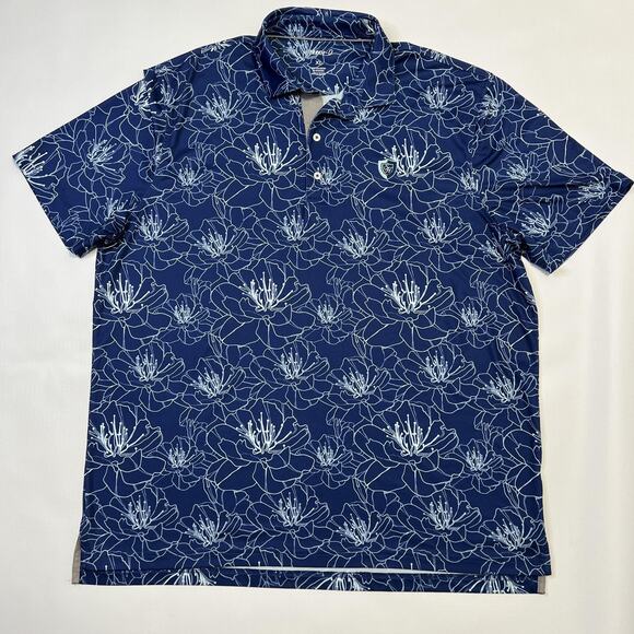 Johnnie-O Polo Shirt Mens XL Blue Floral Print Performance Stretch Golf Casual - Picture 1 of 10